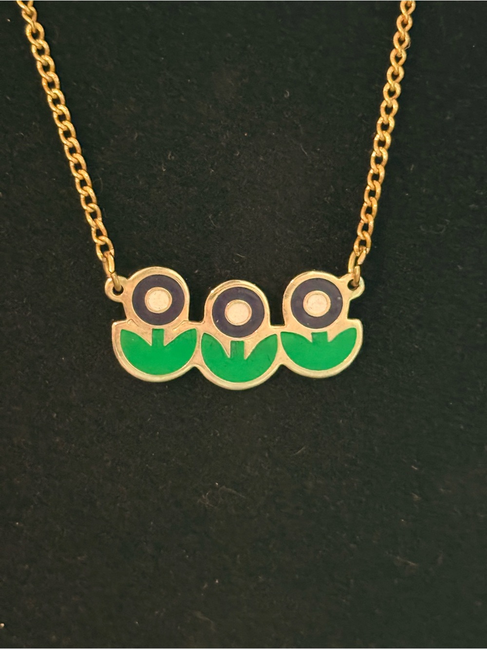 Gold Tone Flower Trio Necklace with Green and Navy Enamel